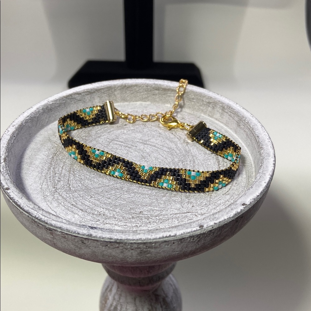 Cute Handcrafted Loom-Beaded Bracelet  with Turquoise ,Black and Gold Beads